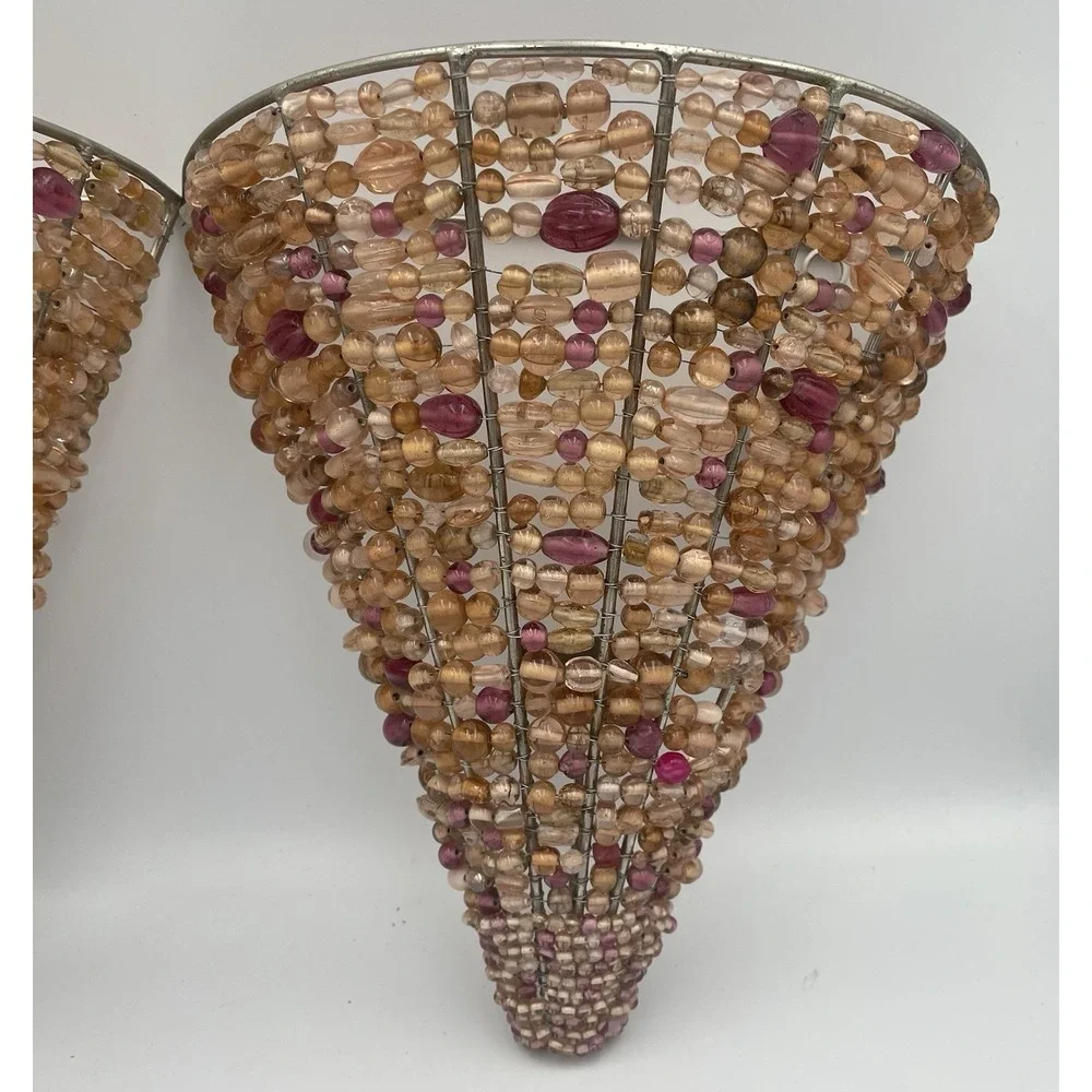 Glass Beaded Wall Sconce Candle Holders Set Of 2 MCM Boho Hollywood Regency NWT